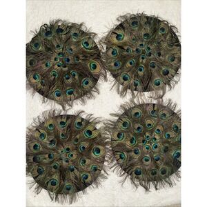 Vtg PIER ONE  Peacock Feather Counterpiece Placemat set of 4 size 15" X 15" Rnd